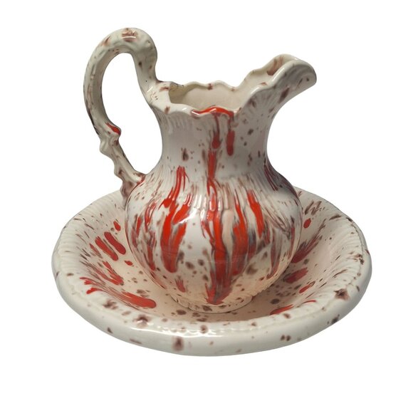 Vintage Ceramic Splatterware Pitcher Bowl Set Red White Spotted Design Drip - Picture 1 of 9